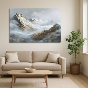 Elegant living room featuring Gold Mountain Fog Art above a cream-colored designer sofa