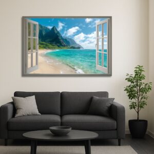 Tropical Beach Window View canvas art hanging above a stylish black sofa in a modern room.